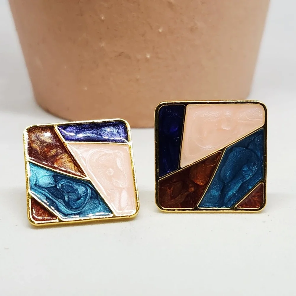 Multicolor Geometric Mosaic Enamel Stud Earrings Gold Tone Square Art Deco Style